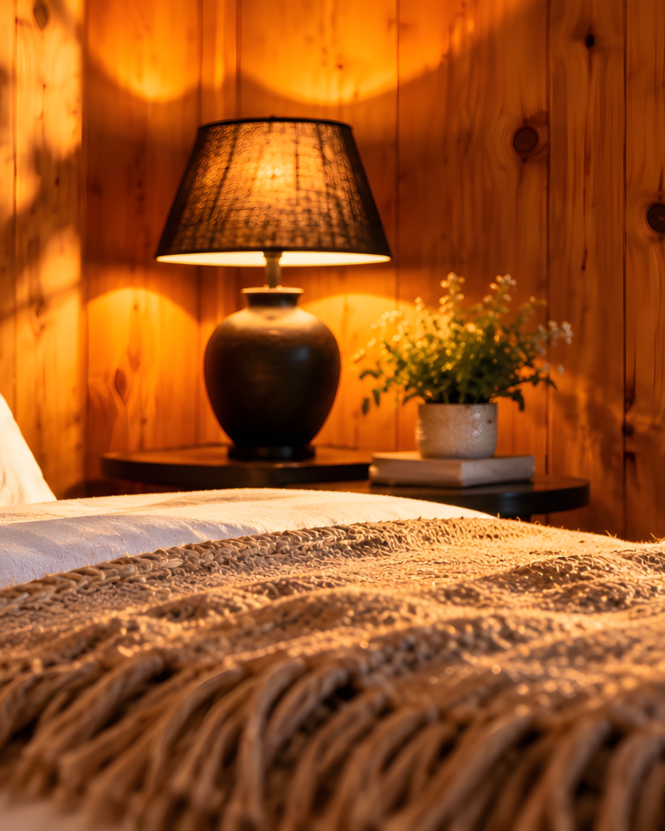 « Le Chalet » – Mountain Retreat: bedside lamp glowing against warm pine, white linen and a woven throw