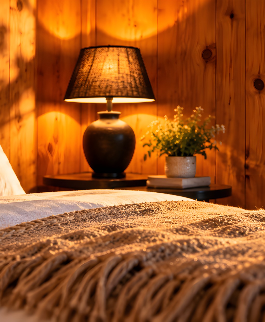 « Le Chalet » – Mountain Retreat: bedside lamp glowing against warm pine, white linen and a woven throw
