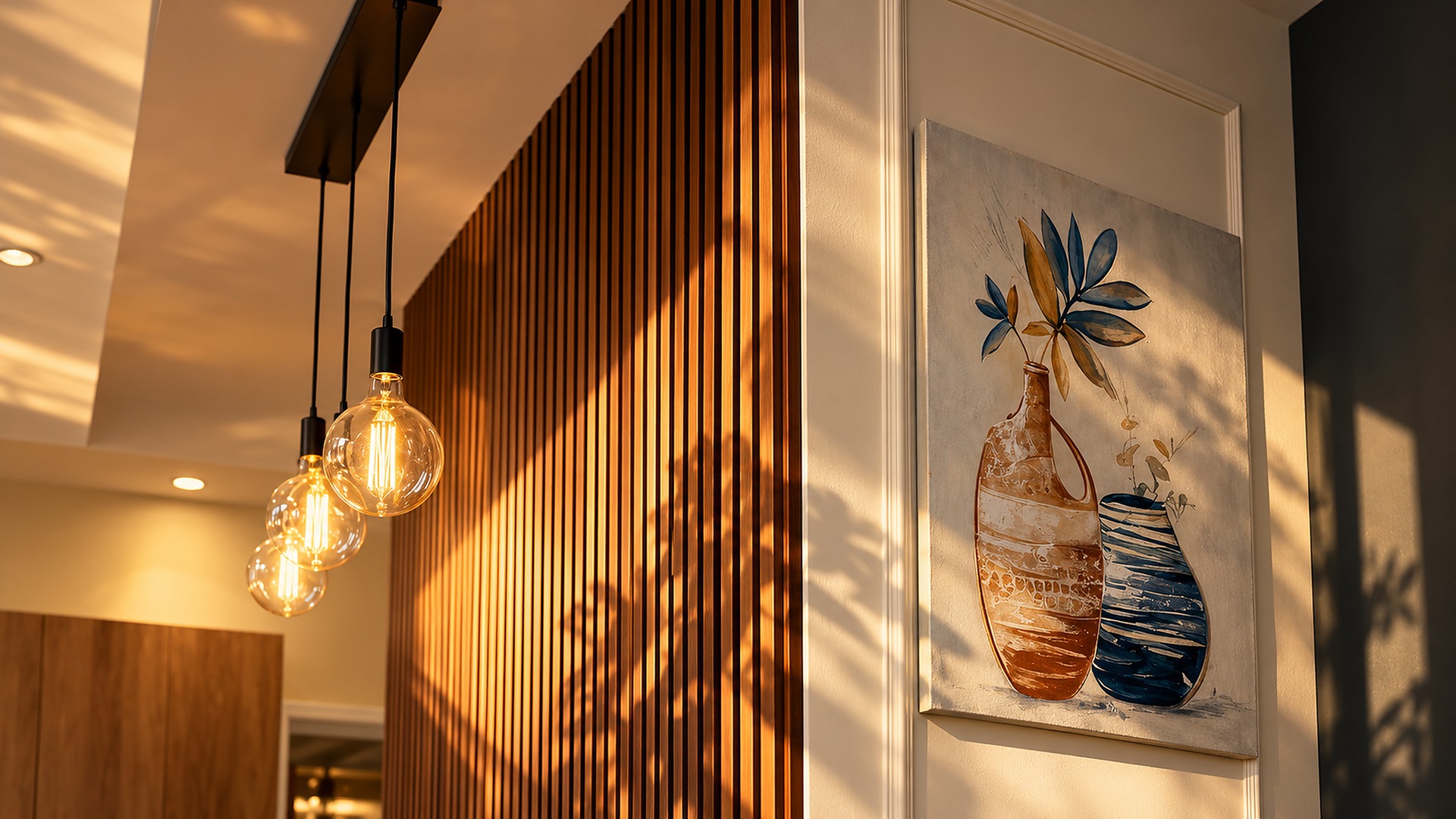 The Elegance at Bayté — walnut slat wall and golden pendant lights at sunset