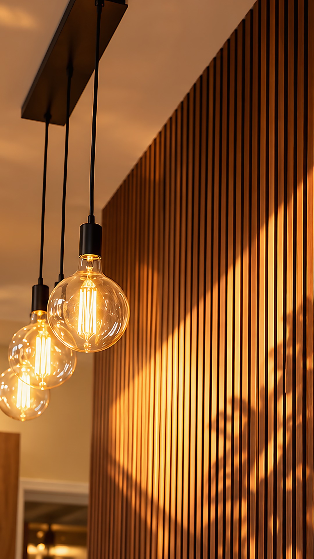 The Elegance at Bayté — walnut slat wall and golden pendant lights at sunset
