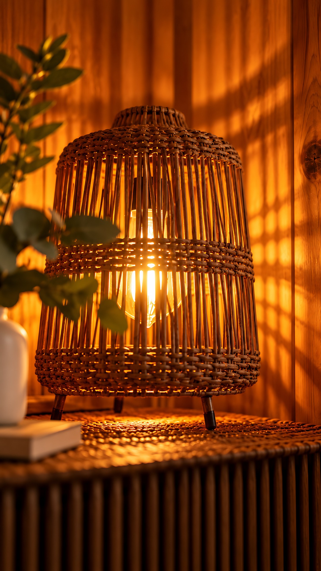 « Le Chalet » — woven lantern glowing amber against warm wood