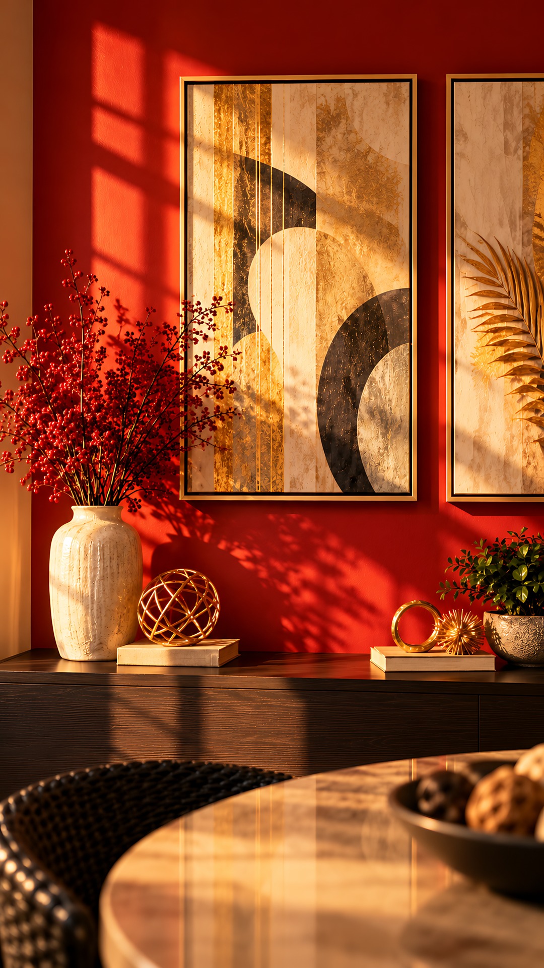 Hazmieh — red feature wall with vase and artwork