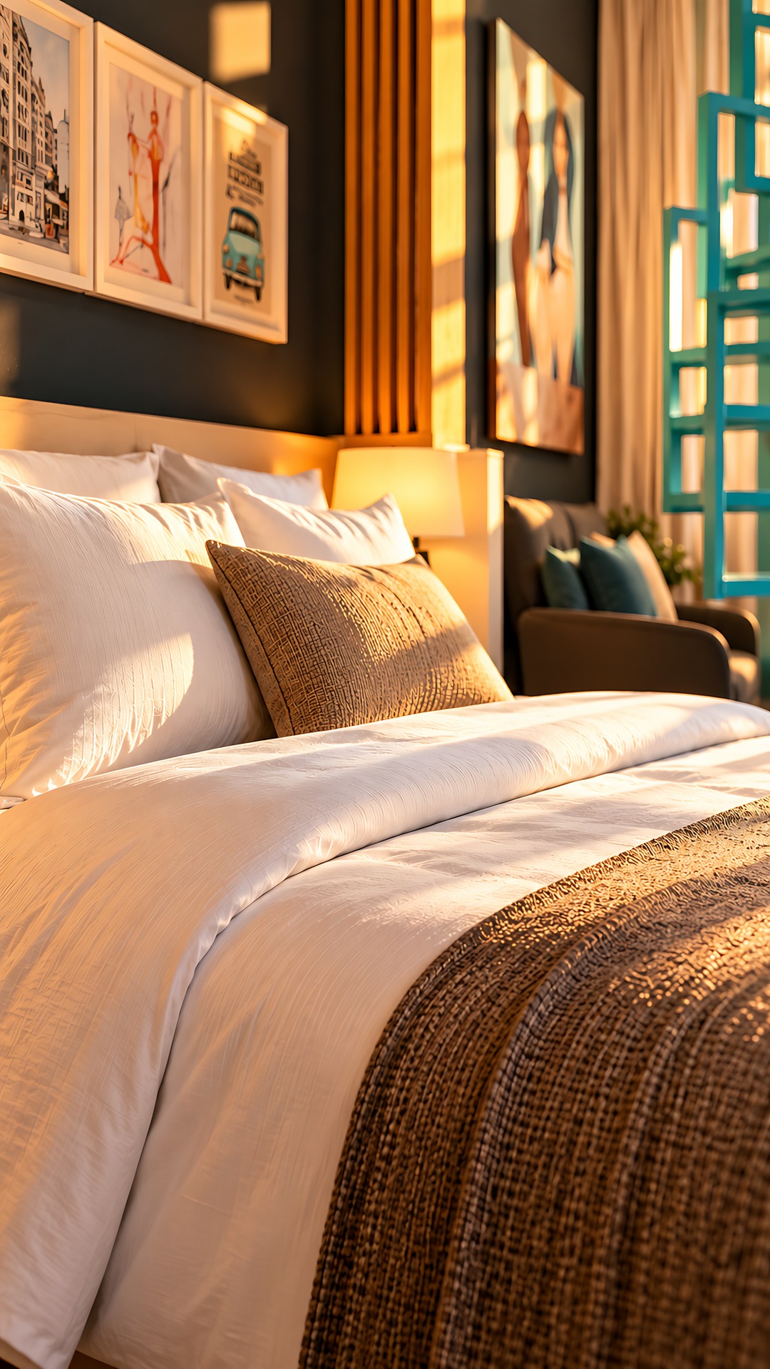 The Loft at Bayté — linen bed and teal spiral stair