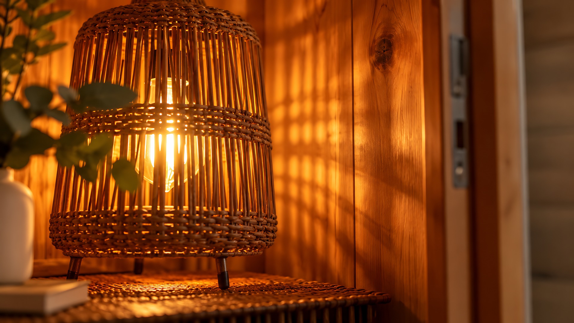 « Le Chalet » — woven lantern glowing amber against warm wood