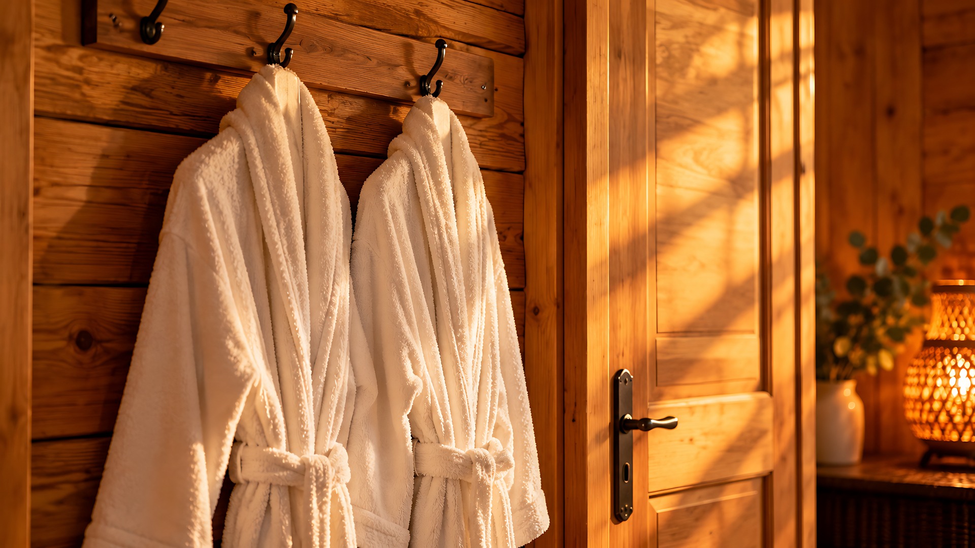 « Le Chalet » — bathrobes by the wooden door in golden light