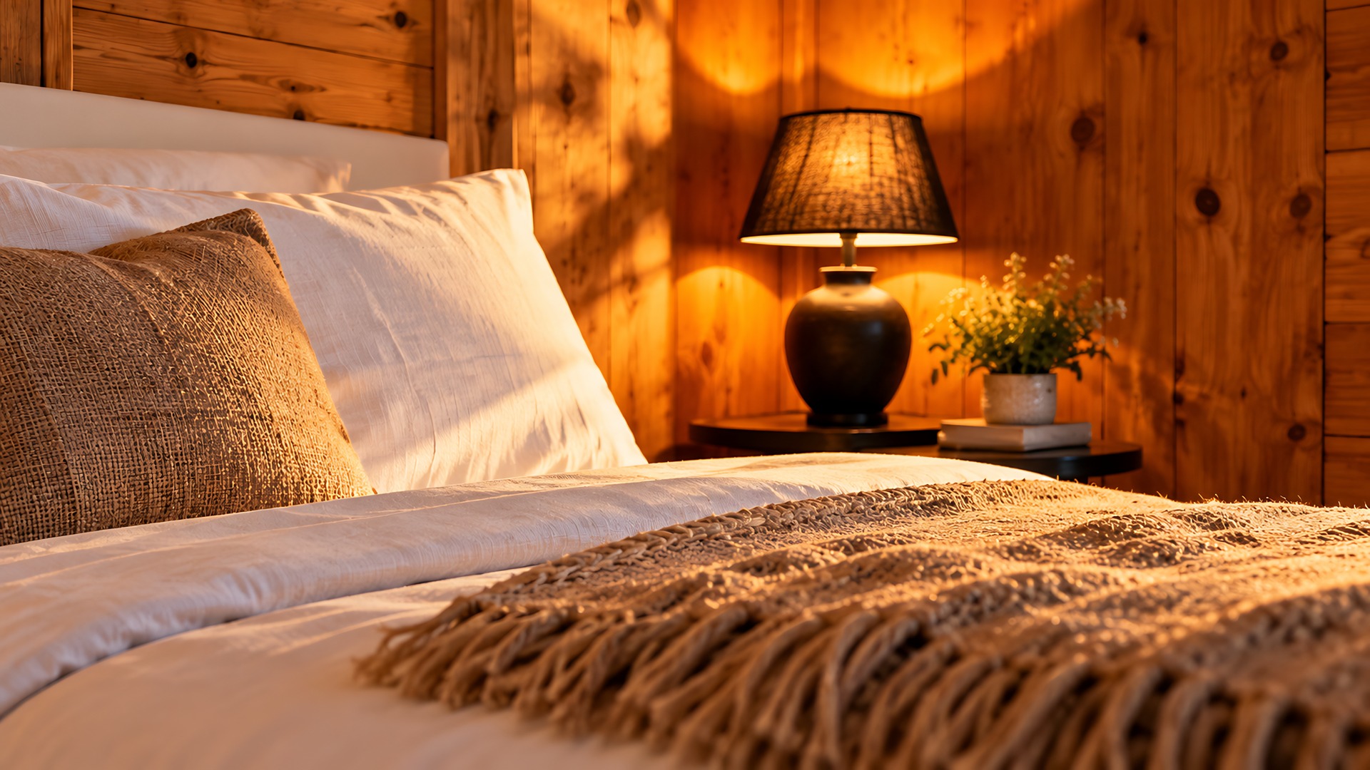 « Le Chalet » — bedside lamp, linen and a soft throw