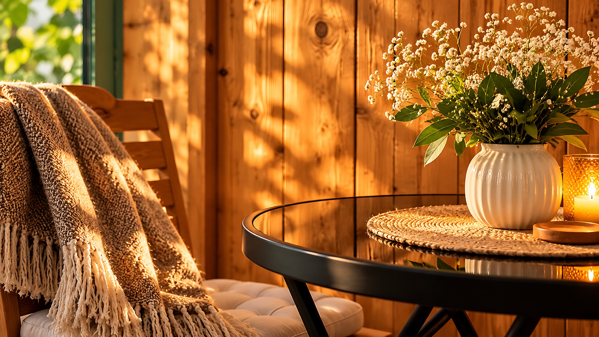 « Le Chalet » — pine wall, throw and vase on the table