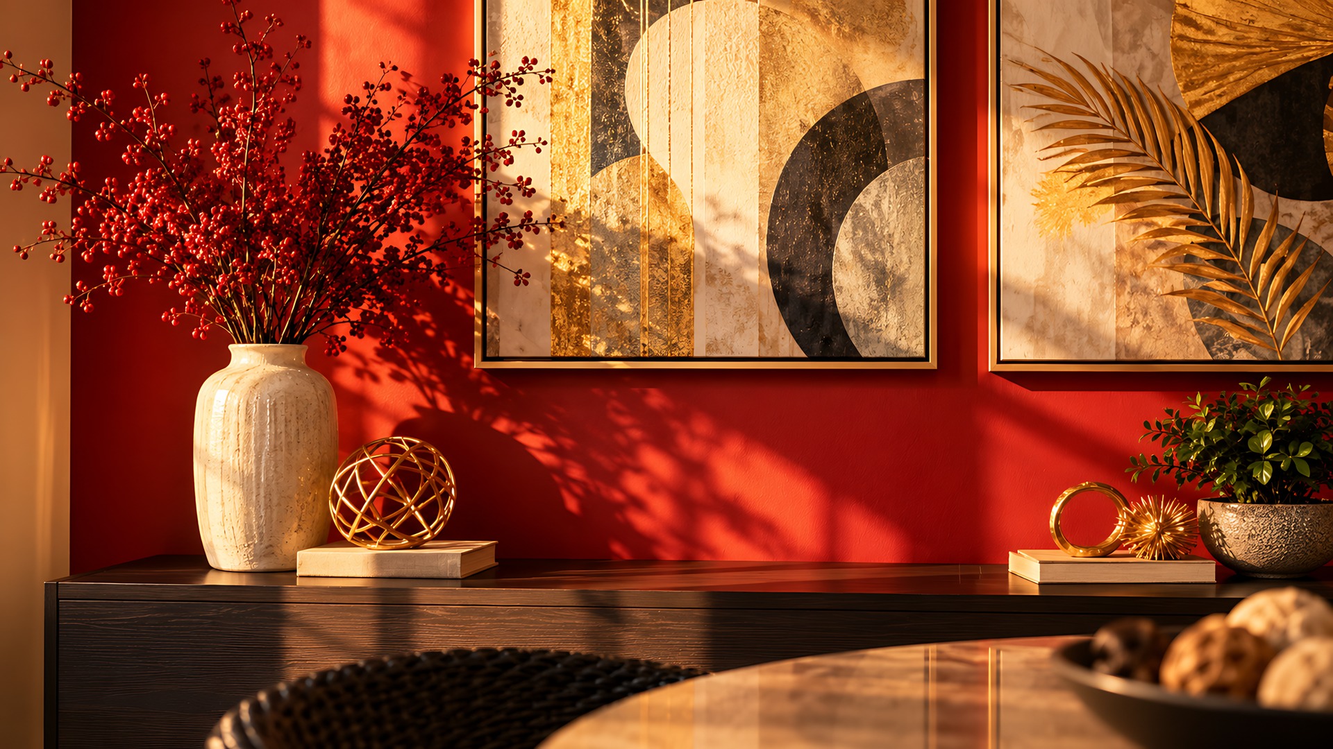 Hazmieh — red feature wall with vase and artwork
