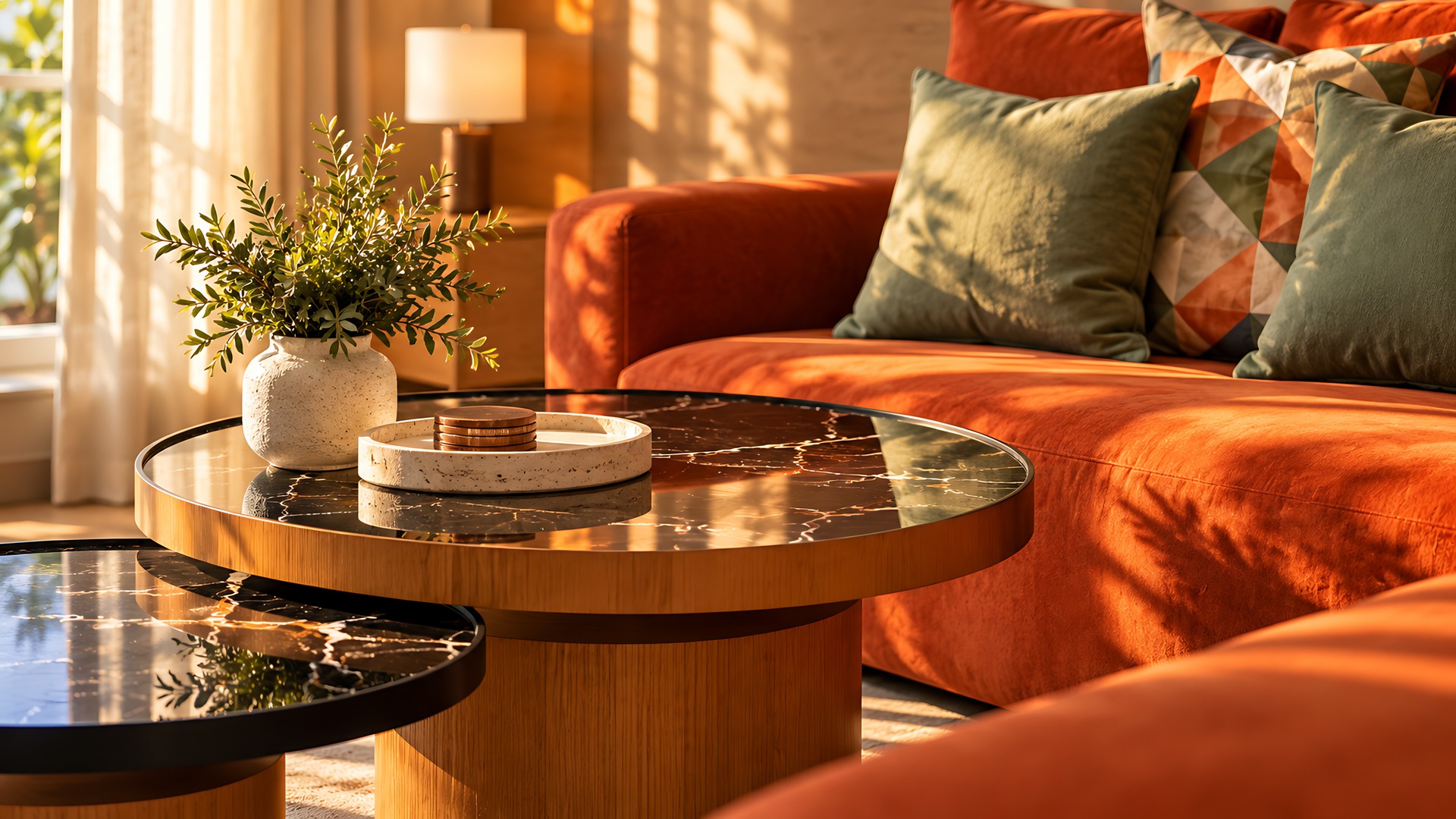 The Elegance at Bayté — marble tables and velvet sofa