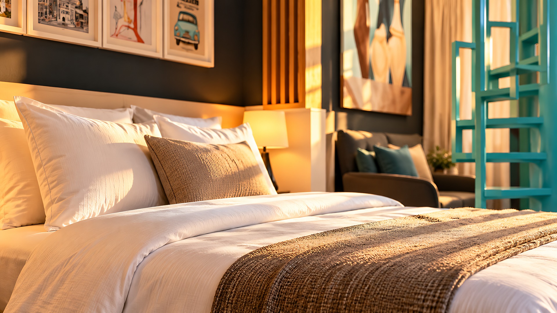 The Loft at Bayté — linen bed and teal spiral stair