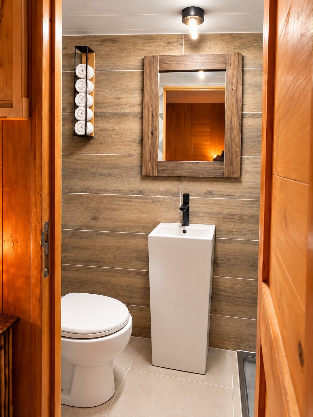Bathroom towel racks with fresh white towels