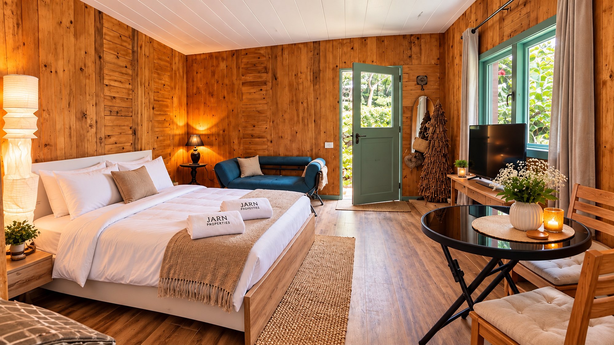 Sleeping area — double bed with white bedding and JARN Properties towels, warm wood panelling, garden door and a table with fresh flowers