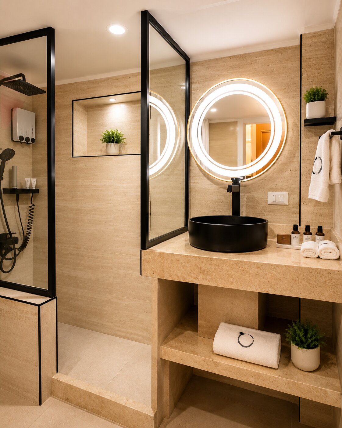 Travertine bathroom with LED mirror, black basin and walk-in shower