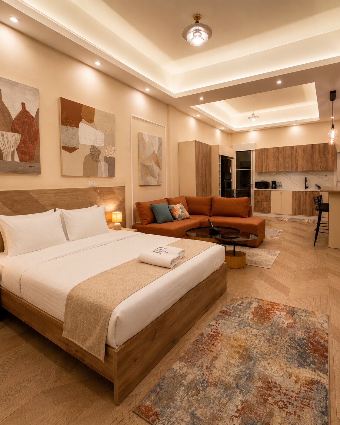 The Elegance — open-plan studio with bed, lounge and kitchen