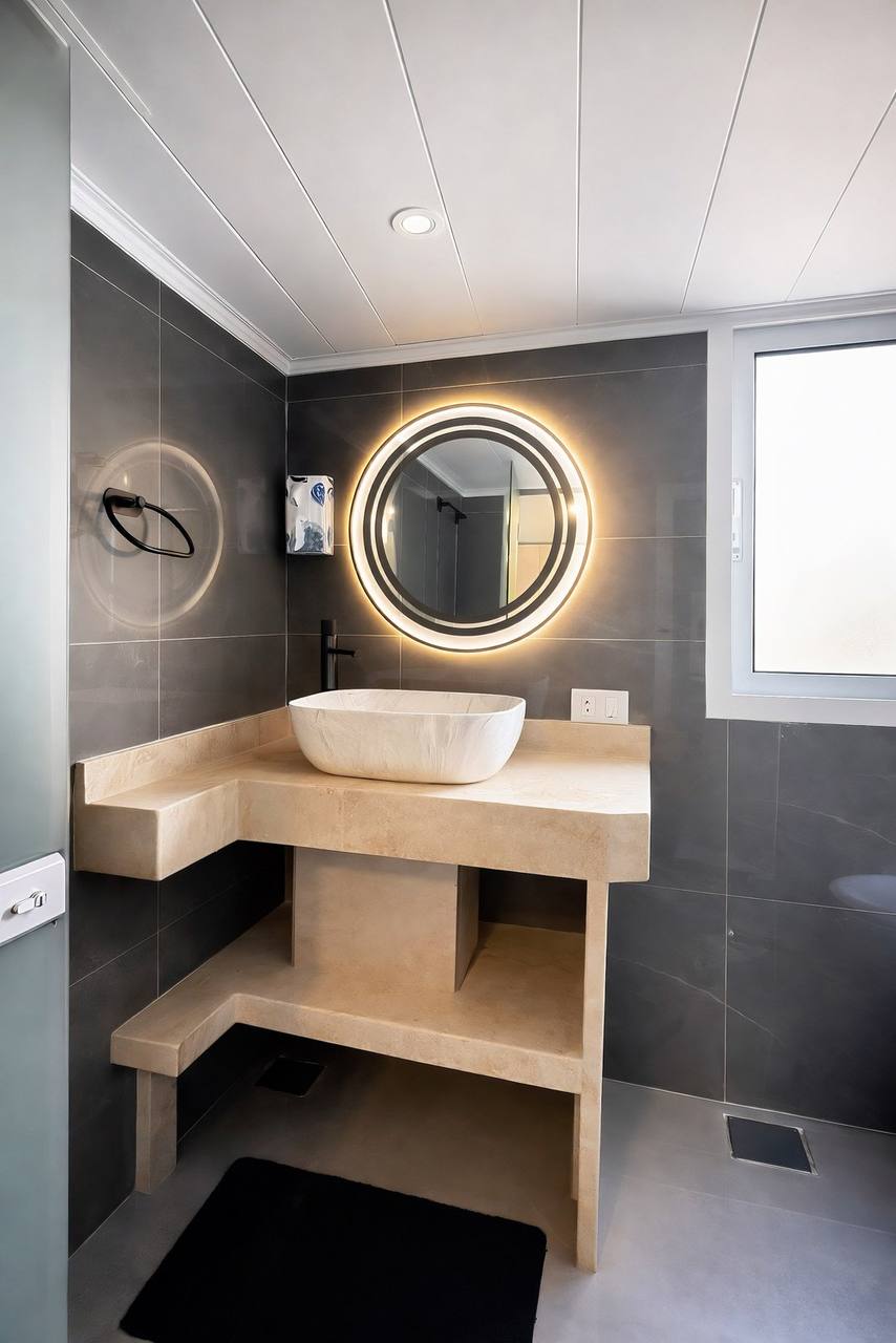 Bathroom vanity with backlit mirror