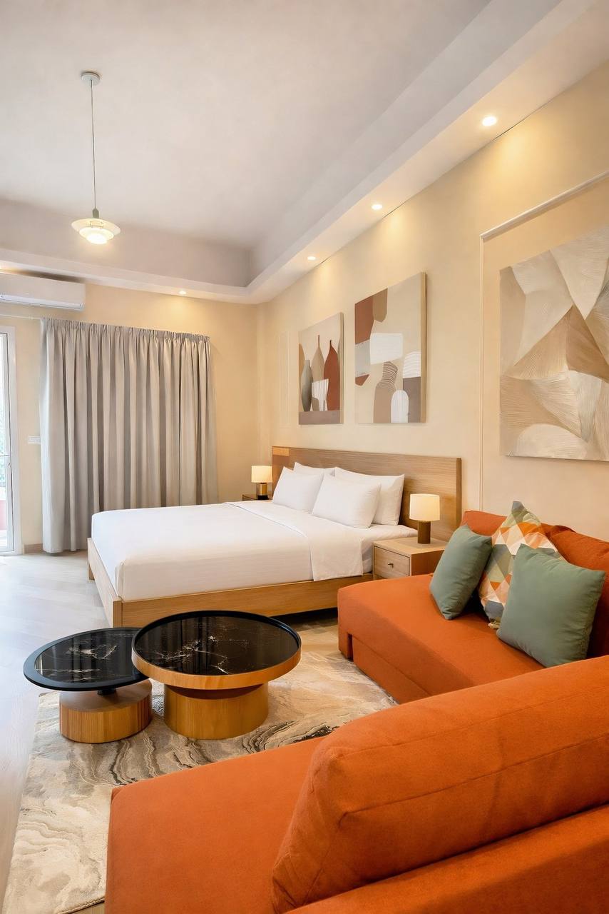 Bedroom with warm lighting