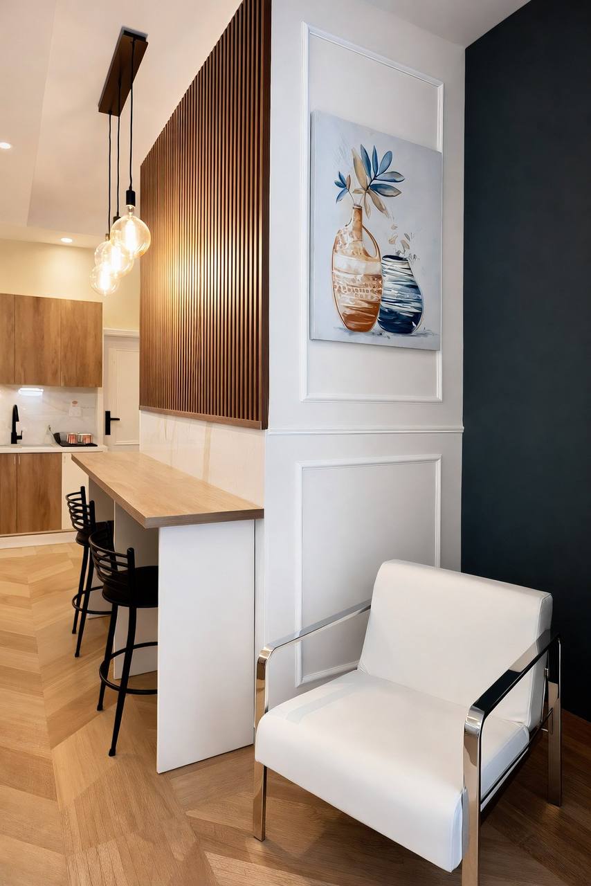 Living area with pendant lights