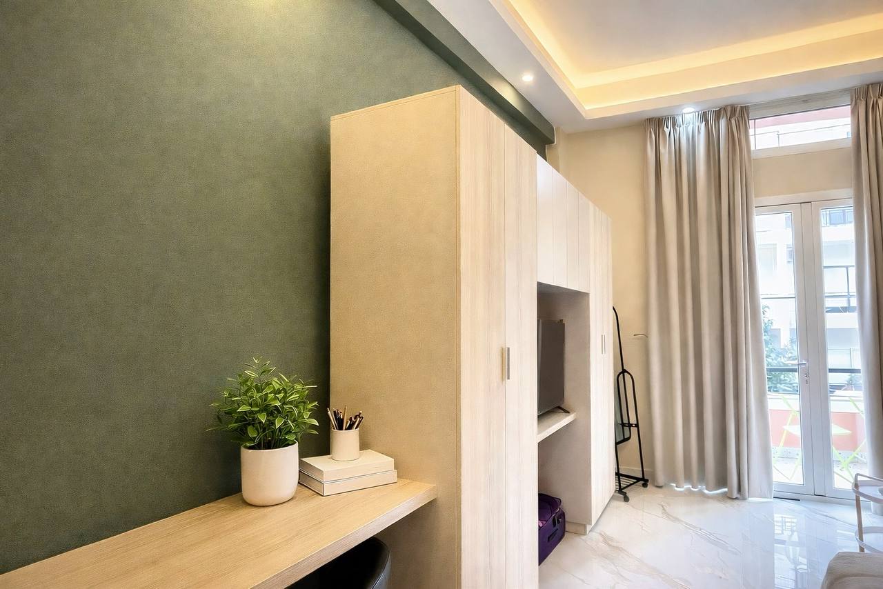 Living area with green accent wall