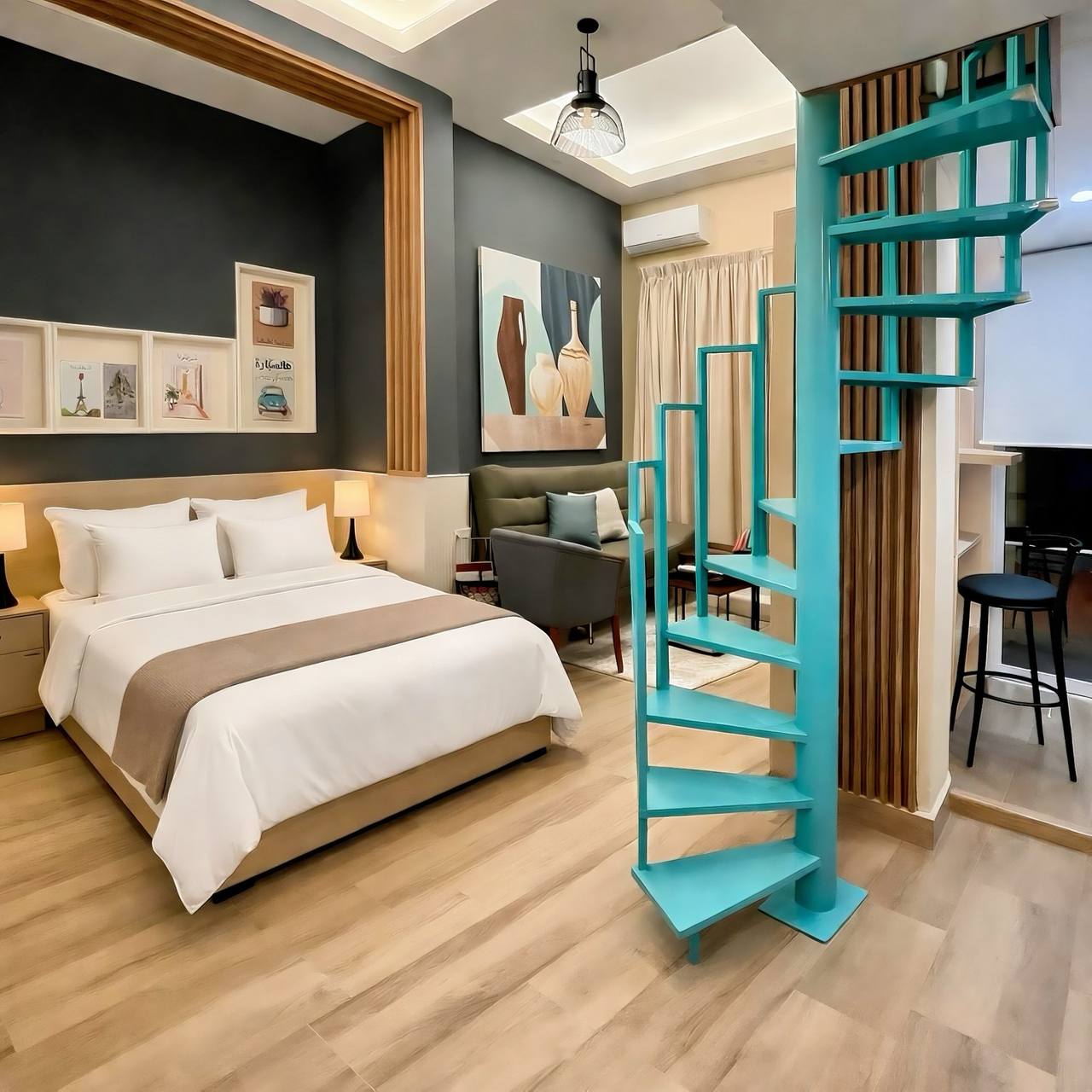 Bedroom and teal spiral staircase