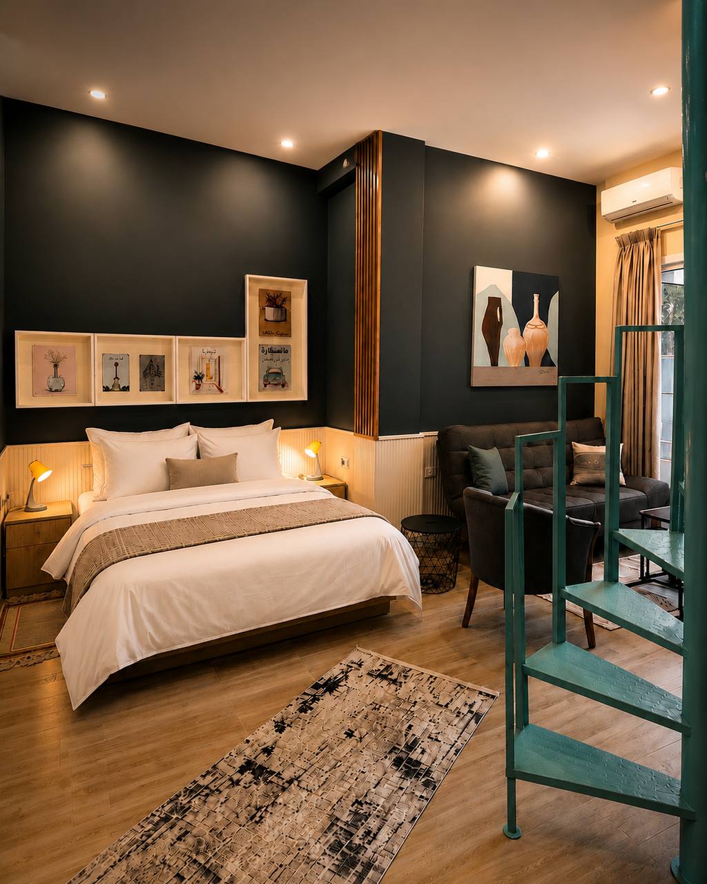 Bayté Mar Mikhael — studio with teal staircase